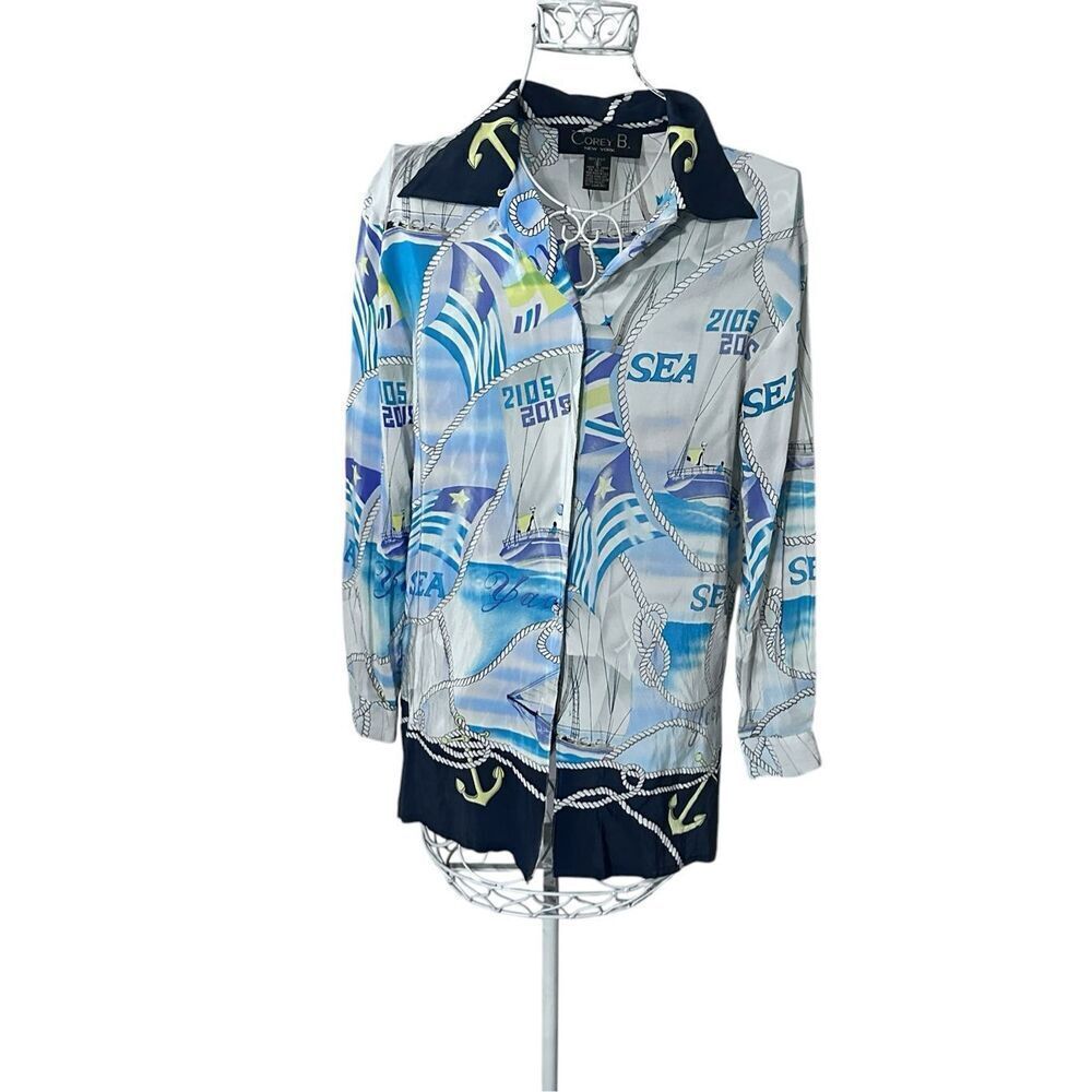 BEAUTIFUL WOMEN COREY B NEW YORK 100% SILK Yacht Sea BUTTON DOWN SHIRT SIZE 6~RA